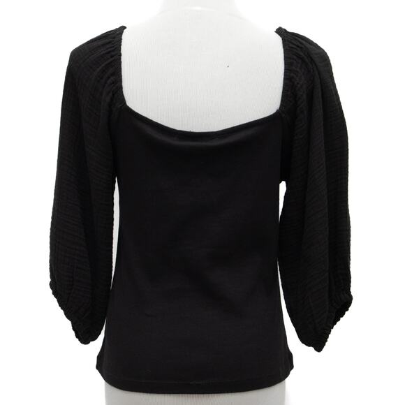 Sanctuary Black Square Neck Short Puff Sleeve Mixed Media Top Size Medium - Picture 3 of 8